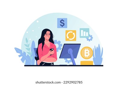 Blue concept Cryptocurrency investment with people scene in the cartoon style. Woman familiarizes herself with the data of the cryptocurrency market in order to make investments. Vector illustration.
