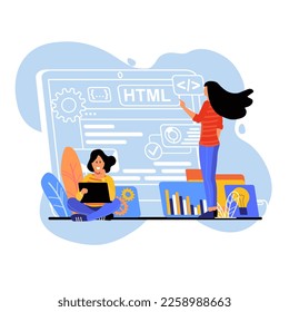 Blue concept HTML programming with people scene in the flat cartoon design. Two programmers write a code for design of web site. Vector illustration.