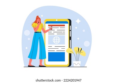 Blue concept Internet news with people scene in the flat cartoon style. Girl check feed new on the Internet using a smartphone. Vector illustration.