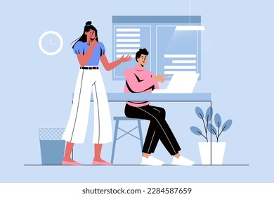 Blue concept Internet news with people scene in the flat cartoon style. Young couple reads news on the Internet. Vector illustration.