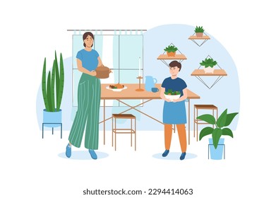 Blue concept Kitchen with people scene in the flat cartoon design. Mother shows her son how to properly cook dinner. Vector illustration.