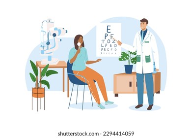 Blue concept Medical office with people scene in the flat cartoon style. Girl checks her vision at the ophthalmologist. Vector illustration.