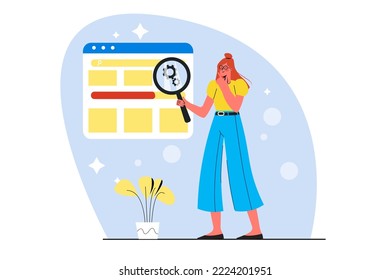 Blue concept Optimize website with people scene in the flat cartoon style. Programmer revises the site's settings to improve its performance. Vector illustration.