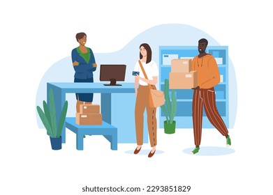 Blue concept Post office with people scene in the flat cartoon design. Young couple came to the post office to send parcels to their relatives. Vector illustration.