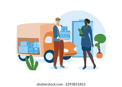 Concepto azul Oficina de correos con la escena de la gente en el diseño de caricaturas planas. El gerente entrega los paquetes al conductor que debe llevarlos a otra ciudad. Ilustración vectorial.