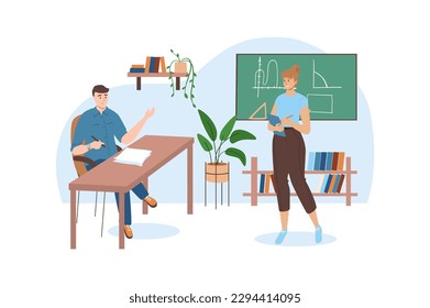 Concepto azul Escuela con la escena de la gente en el diseño de caricaturas planas. El profesor muestra al estudiante en el tablero cómo dibujar correctamente las figuras geométricas. Ilustración vectorial.