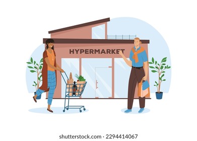 Blue concept Shop with people scene in the flat cartoon style. Neighbors met near the supermarket with products. Vector illustration.