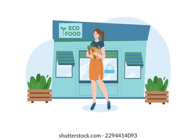 Blue concept Shop with people scene in the flat cartoon design. Girl came to a special store to buy only eco products. Vector illustration.