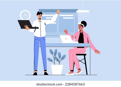 Blue concept Teamwork with people scene in the flat cartoon design. Team of employees make every effort to complete the task together. Vector illustration.