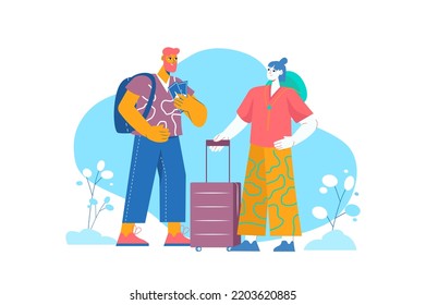 Blue concept Travel with people scene in the flat cartoon design. Young couple with suitcases and backpacks goes on vacation. Vector illustration.