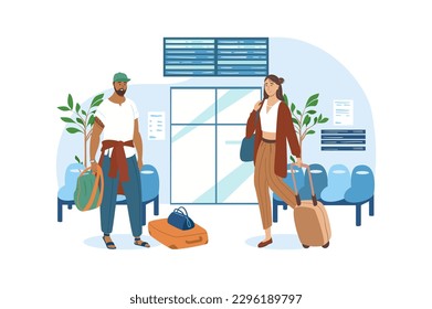 Blue concept Travel with people scene in the flat cartoon style. Two friends wait for their flight in the airport to travel. Vector illustration.