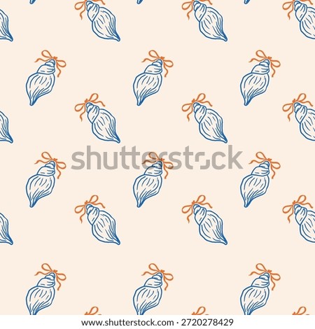 Blue conch shells tied with orange bows in a seamless pattern on a beige background. Minimalist marine design suitable for textile prints, gift wrap, stationery and beach-themed products.