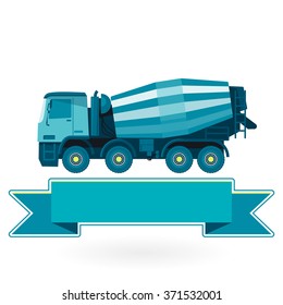 Blue concrete mixer on white. Nice isolated vector symbol. Flatten illustration for banner or icon. Master vector. Truck, Digger, Crane, Forklift, Small Bagger, Mix, Roller, Excavator
