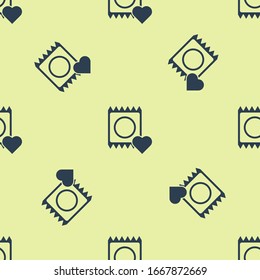 Blue Condom in package icon isolated seamless pattern on yellow background. Safe love symbol. Contraceptive method for male.  Vector Illustration