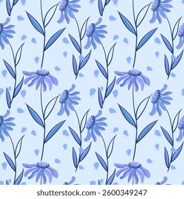 Blue cone flowers on light blue color background pattern. 
