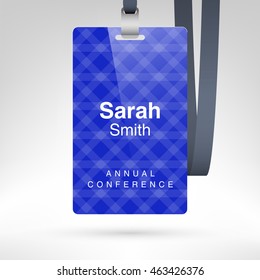 Blue conference badge with name tag placeholder. Blank badge template in plastic holder with black lanyard. Vector illustration. Vertical layout.