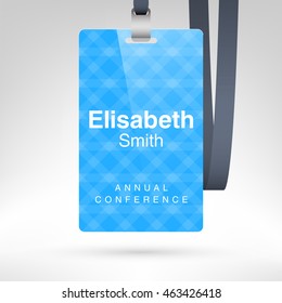 Blue Conference Badge With Name Tag Placeholder. Blank Badge Template In Plastic Holder With Black Lanyard. Vector Illustration. Vertical Layout.