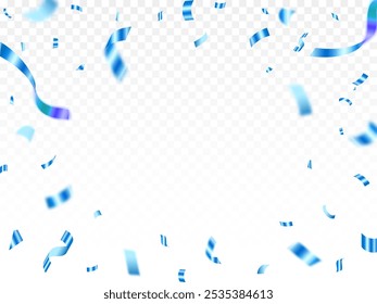 Blue confetti. Bright falling tinsel. Holiday poster concept. Anniversary or birthday design template. Shiny carnival decoration.  Luxury blue confetti and carnival ribbons.