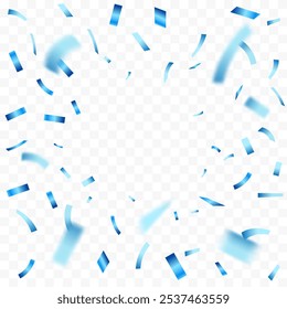 Blue confetti. Bright falling tinsel. Holiday poster concept. Anniversary or birthday design template. Shiny carnival decoration. Luxury blue confetti and carnival ribbons.