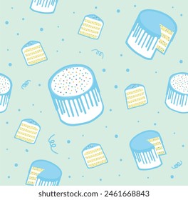 Blue confetti cake seamless pattern blue, vector background