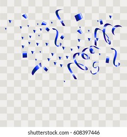 Blue confetti celebration isolated on transparent background. Falling tinsel abstract decoration party birthday celebrate anniversary or Christmas New Year. Festival decor. Vector illustration eps10.