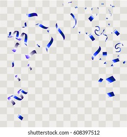 Blue confetti celebration isolated on transparent background. Falling tinsel abstract decoration party birthday celebrate anniversary or Christmas New Year. Festival decor. Vector illustration eps10.