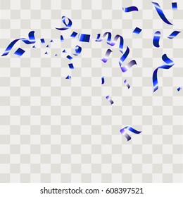 Blue confetti celebration isolated on transparent background. Falling tinsel abstract decoration party birthday celebrate anniversary or Christmas New Year. Festival decor. Vector illustration eps10.
