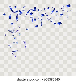 Blue confetti celebration isolated on transparent background. Falling tinsel abstract decoration party birthday celebrate anniversary or Christmas New Year. Festival decor. Vector illustration eps10.