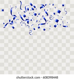 Blue confetti celebration isolated on transparent background. Falling tinsel abstract decoration party birthday celebrate anniversary or Christmas New Year. Festival decor. Vector illustration eps10.