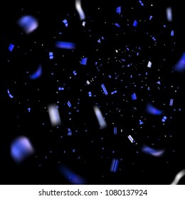 Blue confetti explosion celebration isolated on black background. Falling confetti. Abstract decoration party, birthday celebrate or Christmas, New Year confetti decor Vector illustration