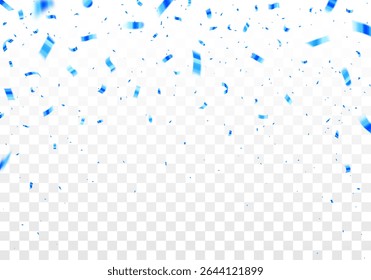 Blue confetti falling on transparent background, celebration vector illustration. Luxury anniversary template. Flying decoration elements.