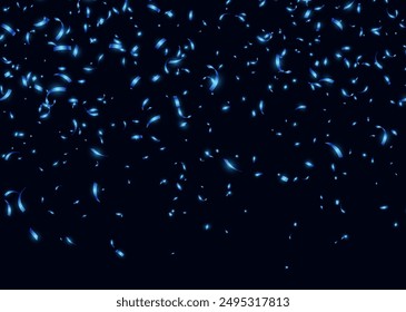 Blue confetti, falling paper ribbons isolated on dark background. Birthday party decoration. Vector illustration.