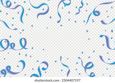 Blue confetti, falling paper ribbons isolated on white background. Birthday party decoration, Blue confetti border frame repeat pattern. Great for a birthday party or an event celebration invitation.