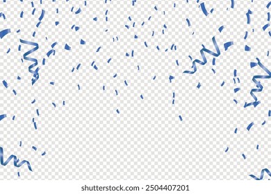 Blue confetti, falling paper ribbons isolated on white background. Birthday party decoration, Blue confetti border frame repeat pattern. Great for a birthday party or an event celebration invitation.