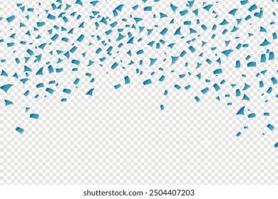 Blue confetti, falling paper ribbons isolated on white background. Birthday party decoration, Blue confetti border frame repeat pattern. Great for a birthday party or an event celebration invitation.