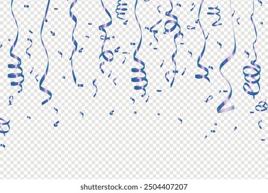 Blue confetti, falling paper ribbons isolated on white background. Birthday party decoration, Blue confetti border frame repeat pattern. Great for a birthday party or an event celebration invitation.