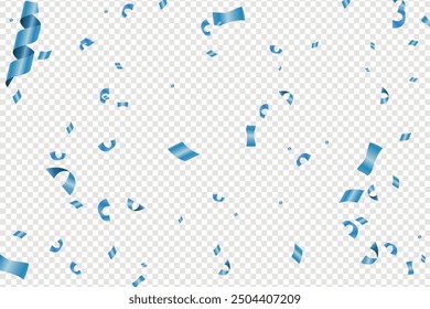 Blue confetti, falling paper ribbons isolated on white background. Birthday party decoration, Blue confetti border frame repeat pattern. Great for a birthday party or an event celebration invitation.