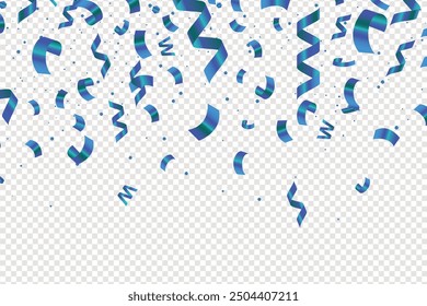 Blue confetti, falling paper ribbons isolated on white background. Birthday party decoration, Blue confetti border frame repeat pattern. Great for a birthday party or an event celebration invitation.