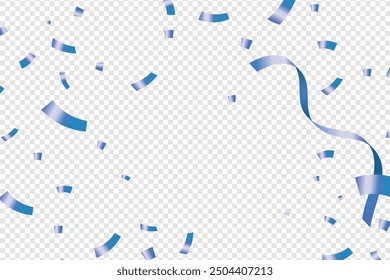 Blue confetti, falling paper ribbons isolated on white background. Birthday party decoration, Blue confetti border frame repeat pattern. Great for a birthday party or an event celebration invitation.