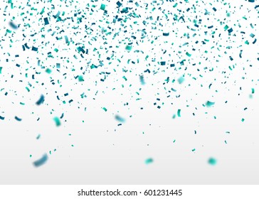 Confeti azul cayendo al azar. Fondo abstracto con partículas voladoras. La ilustración vectorial se puede utilizar para la tarjeta de felicitación, el carnaval, la celebración.
