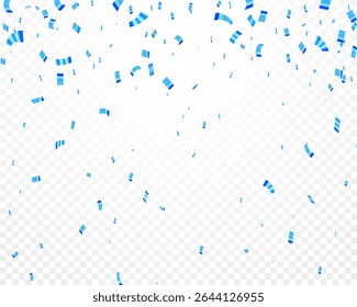 Confeti azul. Confeti azul brillante que cae aislado en el fondo transparente para la celebración del partido. Hermosa Ilustración vectorial de confeti dorado.