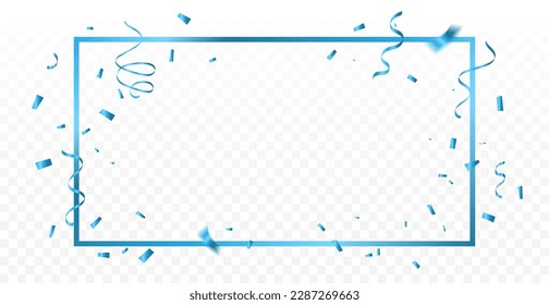 Blue Confetti And Frame With  Ribbons Isolated On Background. Celebration Event, Birthday. Grand Opening. Bg. Vector
