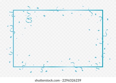 Blue Confetti And Frame With  Ribbons Isolated On Background. Celebration Event, Birthday. Grand Opening. Bg. Vector