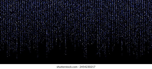 Guirnalda de confeti azul sobre fondo oscuro. Caída de brillo dorado y Fondo de pantalla brillante. Puntos brillantes azules y púrpuras que repiten el patrón. Decoración mágica para Navidades. telón de fondo de Vector