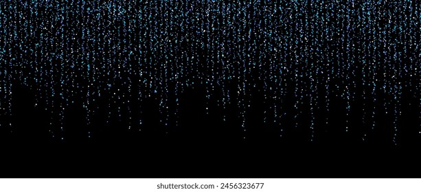 Blue confetti garland on dark background. Falling gold glitter and sparkle wallpaper. Shining dots repeating pattern. Magic dust sparkling decoration for Christmas. Vector backdrop