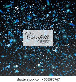 Blue Confetti Glitters and Stars. Vector Festive Illustration of Falling Shiny Particles. Sparkling Texture Isolated on Transparent Checkered Background. Holiday Christmas Tinsel Element for Design