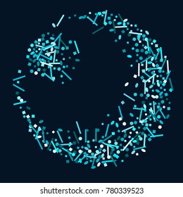 Blue confetti on a Blue background. Beautiful bright background. Blue Confetti. A frame of confetti. A scattering of confetti. Placer from the circles. Dots. Vector illustration.