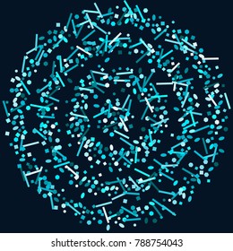 Blue confetti on a Blue background. Beautiful bright background. Blue Confetti. A frame of confetti. A scattering of confetti. Placer from the circles. Dots. Vector illustration.