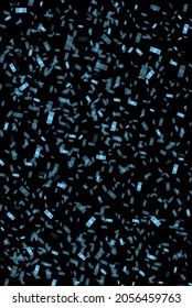 Blaue Konfetti auf schwarzem Hintergrund. Fallende Sequenzen. Festlicher Hintergrund 