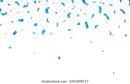 Blue confetti on transparent backdrop. Realistic falling tinsel. Luxury anniversary template. Flying decoration elements.